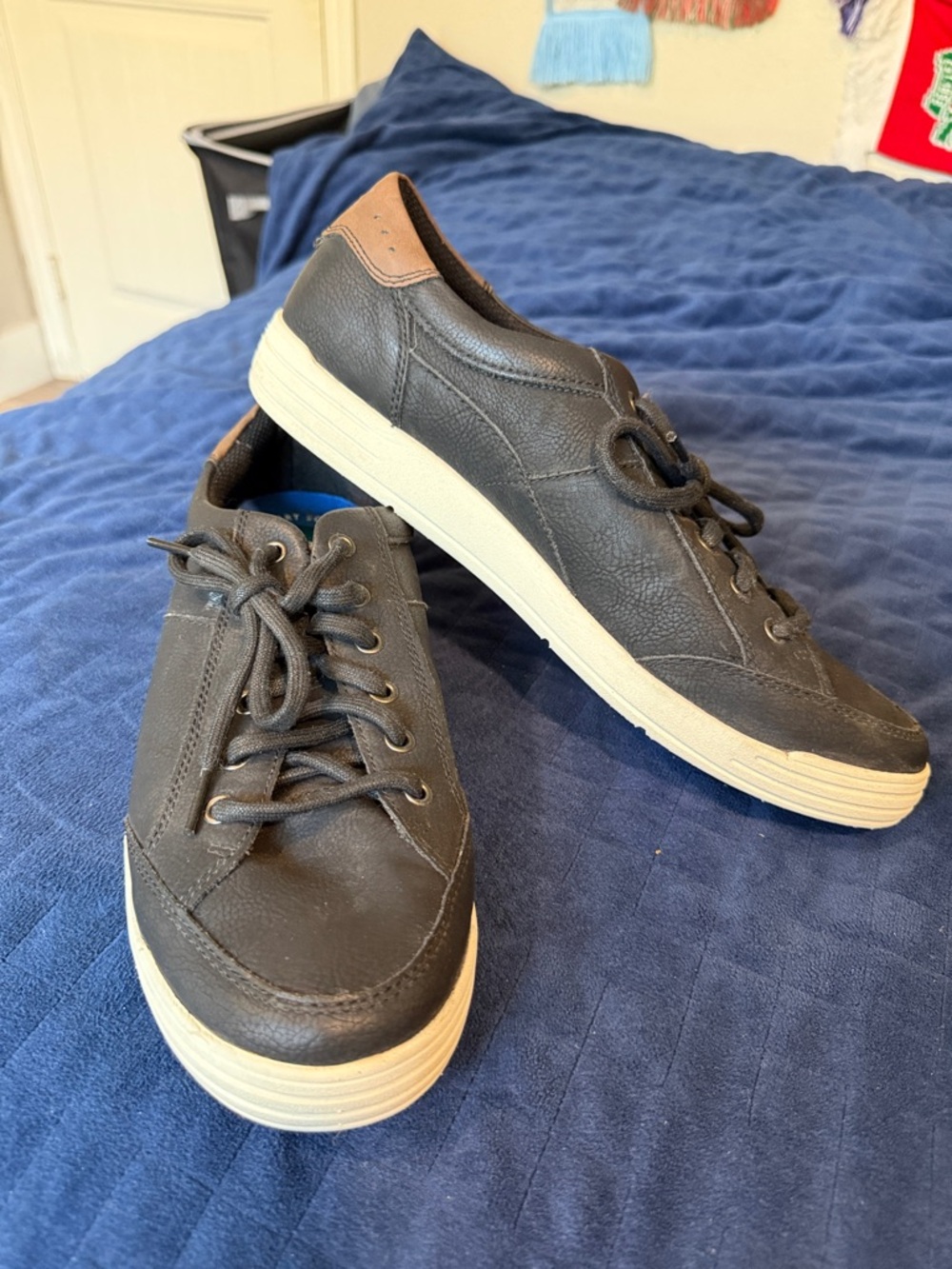 Nunn Bush Black Leather-Style Lace-Up Sneakers with Cream Sole Accents
